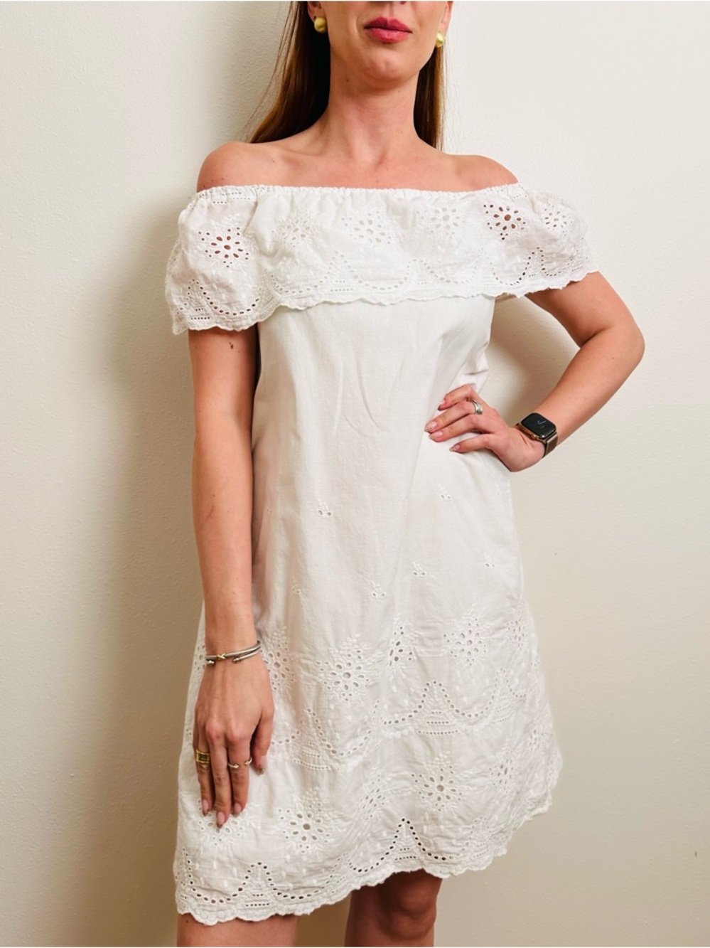 Highness White Eyelet Lace Cotton Dress Off the Shoulder Boho Cottagecore Summer